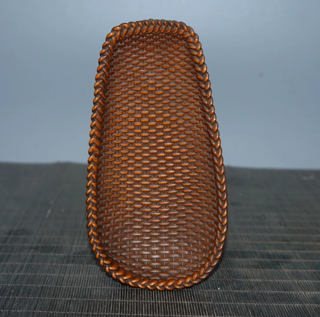 

6.1" Collect Chinese Box-wood Carving Woven Pattern Tea Shovel Statue