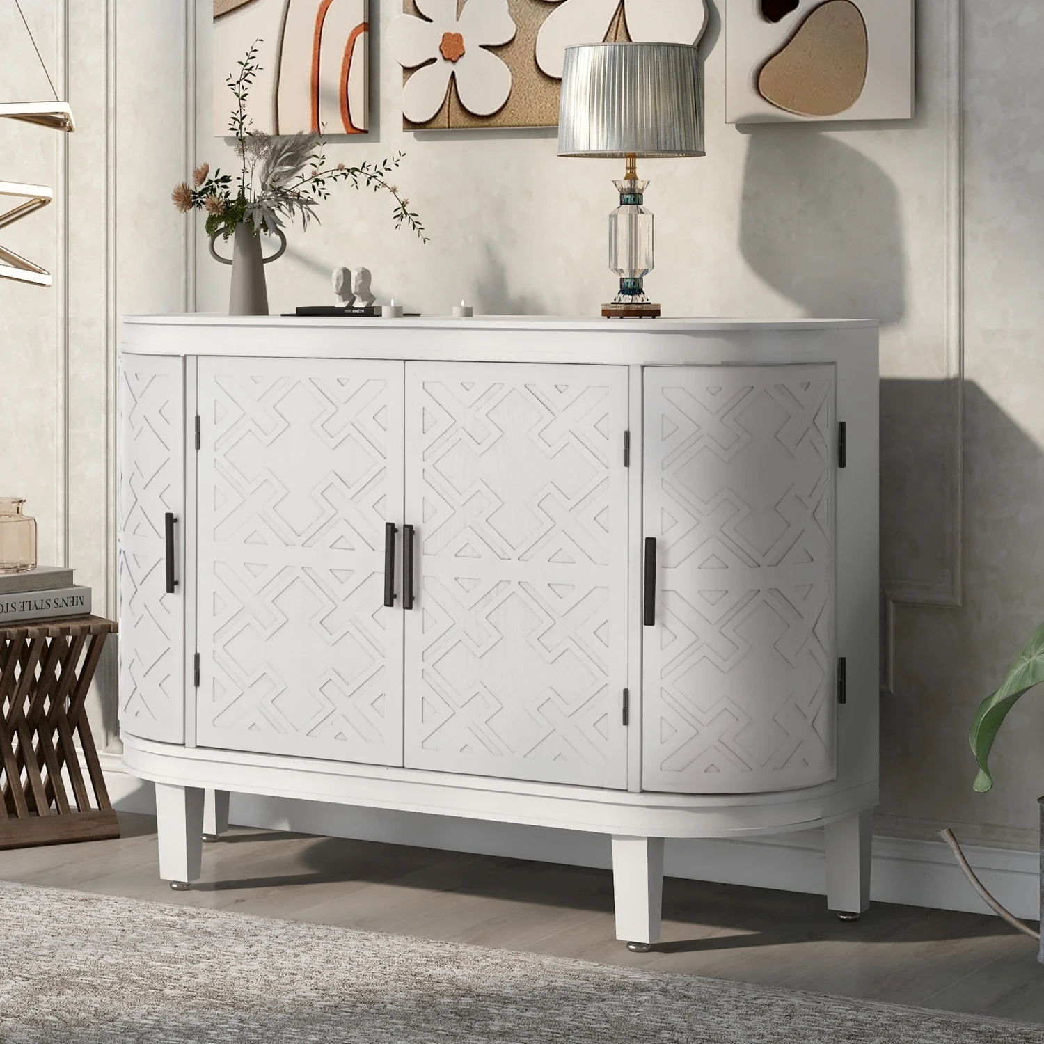 

U-Style Accent Storage Cabinet Sideboard Wooden Cabinet with Antique Pattern Doors for Hallway, Entryway, Living Room