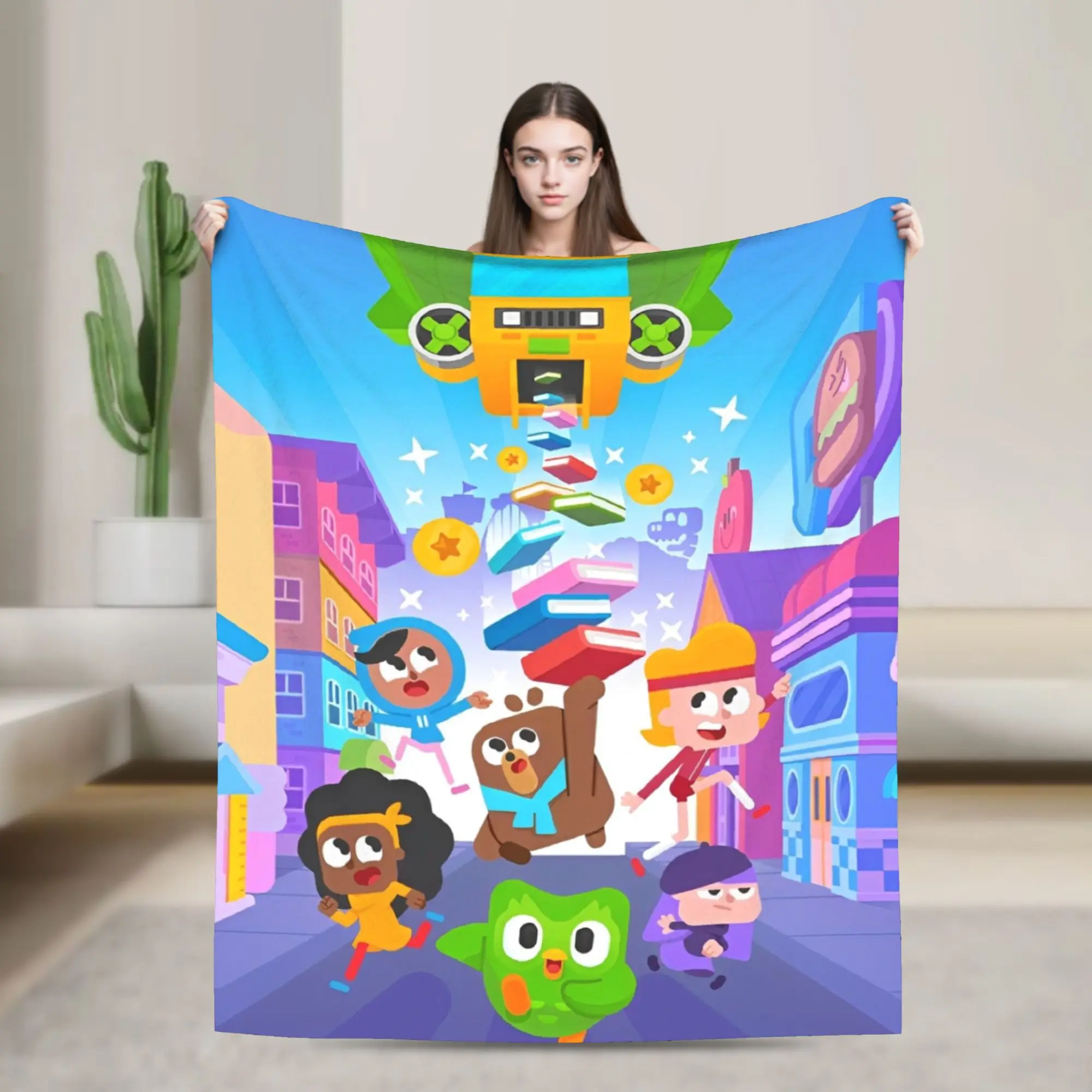 

Duolingos Owl Duo Knitted Blankets Flannel Cartoon Cute Super Warm Throw Blankets for Home Couch Bedroom Quilt