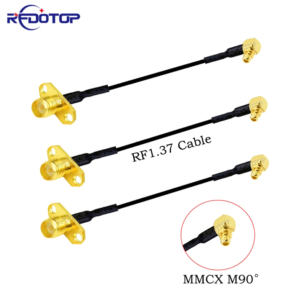 1Pcs RP SMA Female 2 Hole Flange Panel Mount to MMCX Male 90 Degree FPV Antenna Adapter RF1.37 Coaxial Cable Extension Jumper