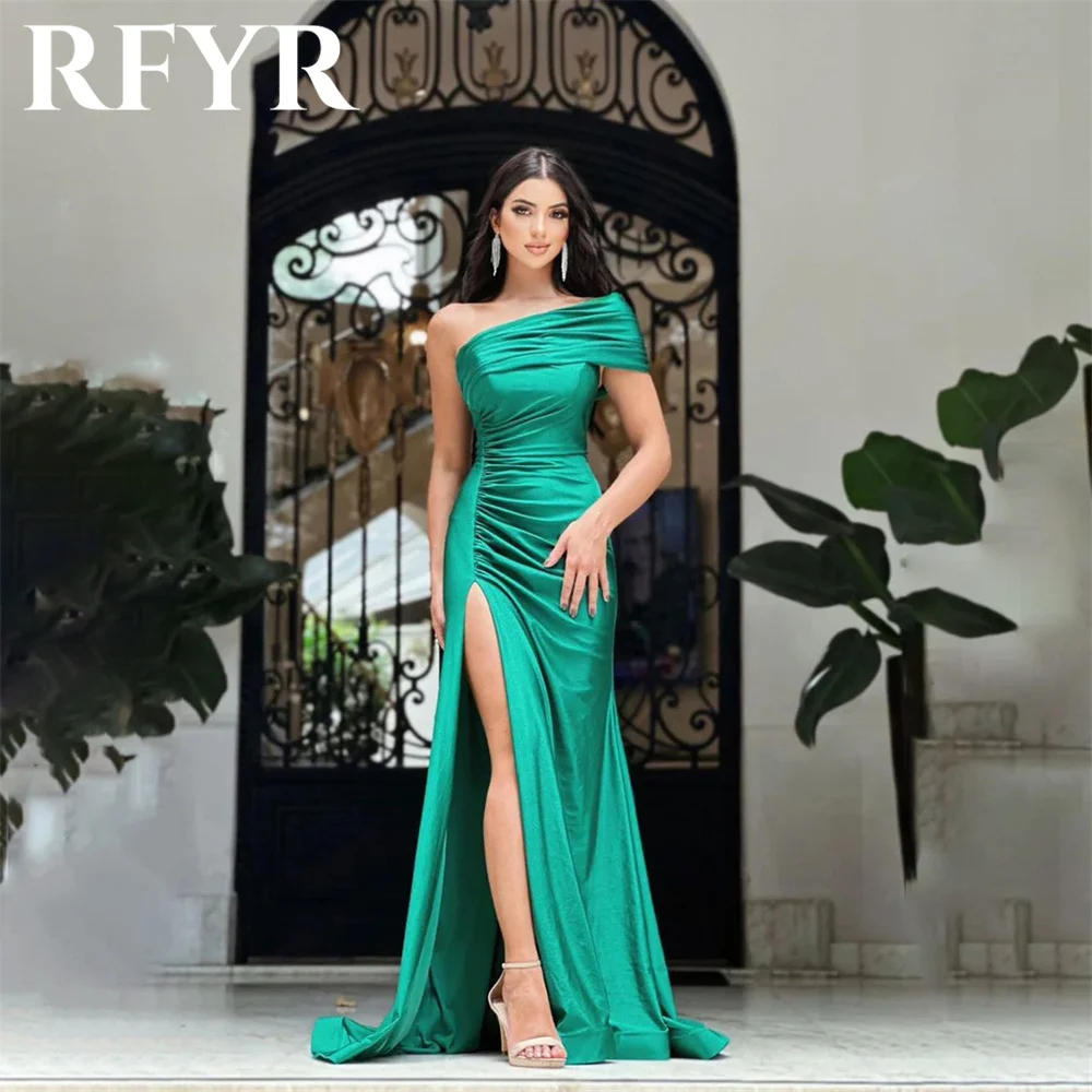 

RFYR Green Prom Dresses For Wedding One Shoulder Evening Dresses Side Split Formal Dinner Dresses Stain Mermaid Robe De Soirée