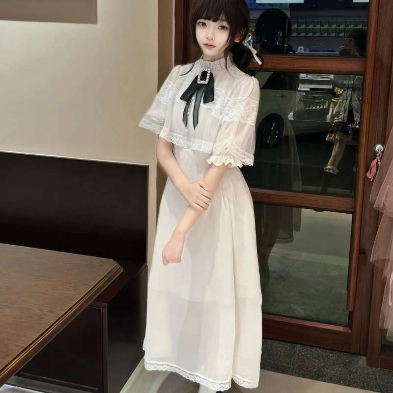 Summer Fashion Sweet Bow Stand Collar Vestidos Mujer Y2k Lace Short Sleeve Dress for Women New High Waist Dresses Chic - Image 2
