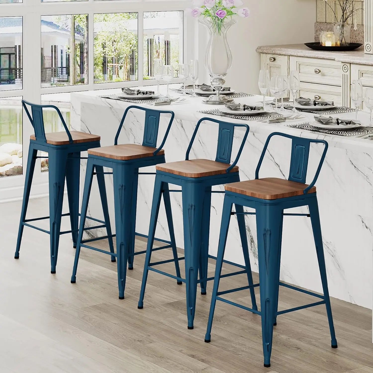 

Andeworld Bar Stools Set of 4 Counter Height Stools Industrial Metal Barstools with Wooden Seats(26 Inch, Distressed Navy)