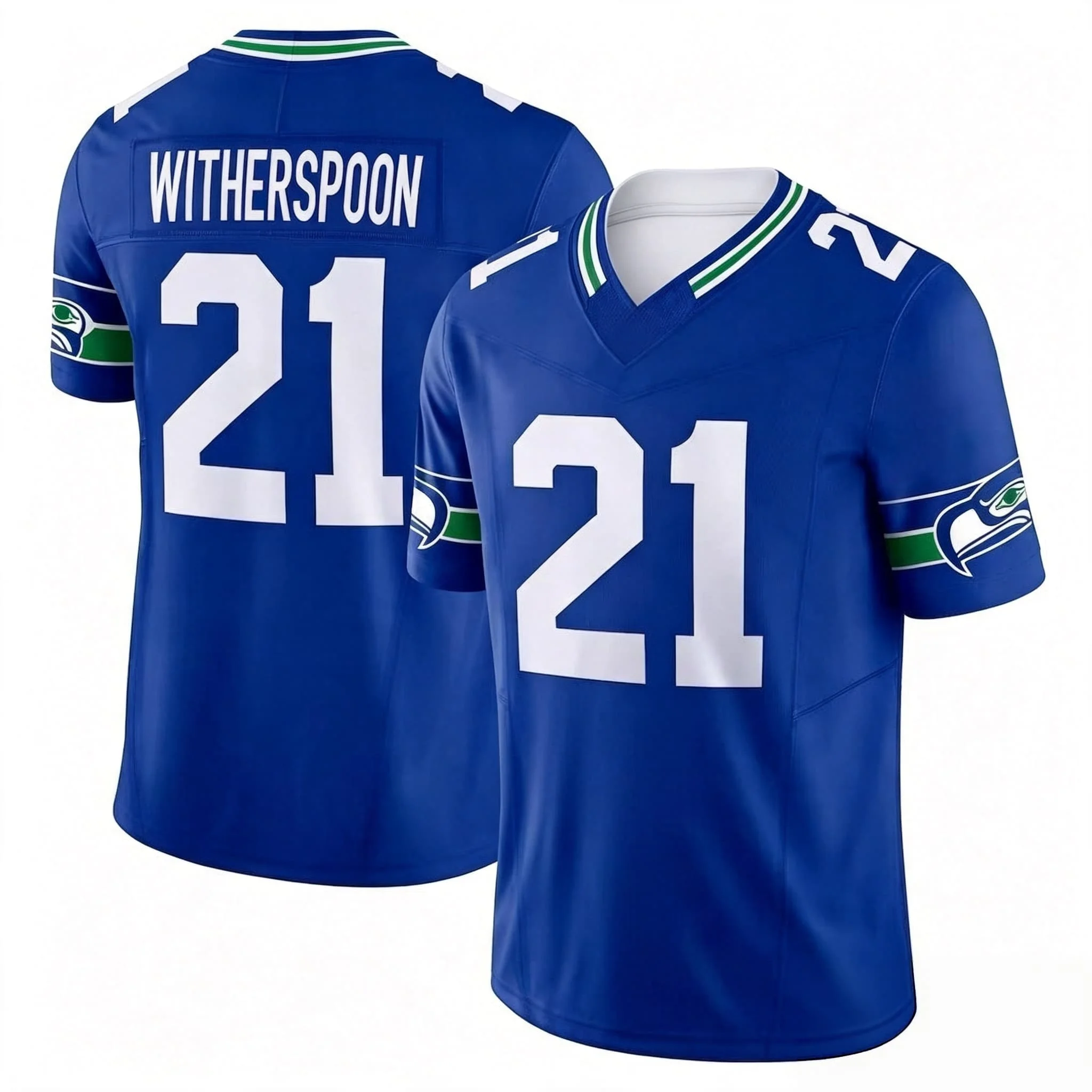 New Men #21 Witherspoon Navy Home Football Jersey Digital Grid Number Green Outline V Neck Seahawks Fan Uniform Family Matching