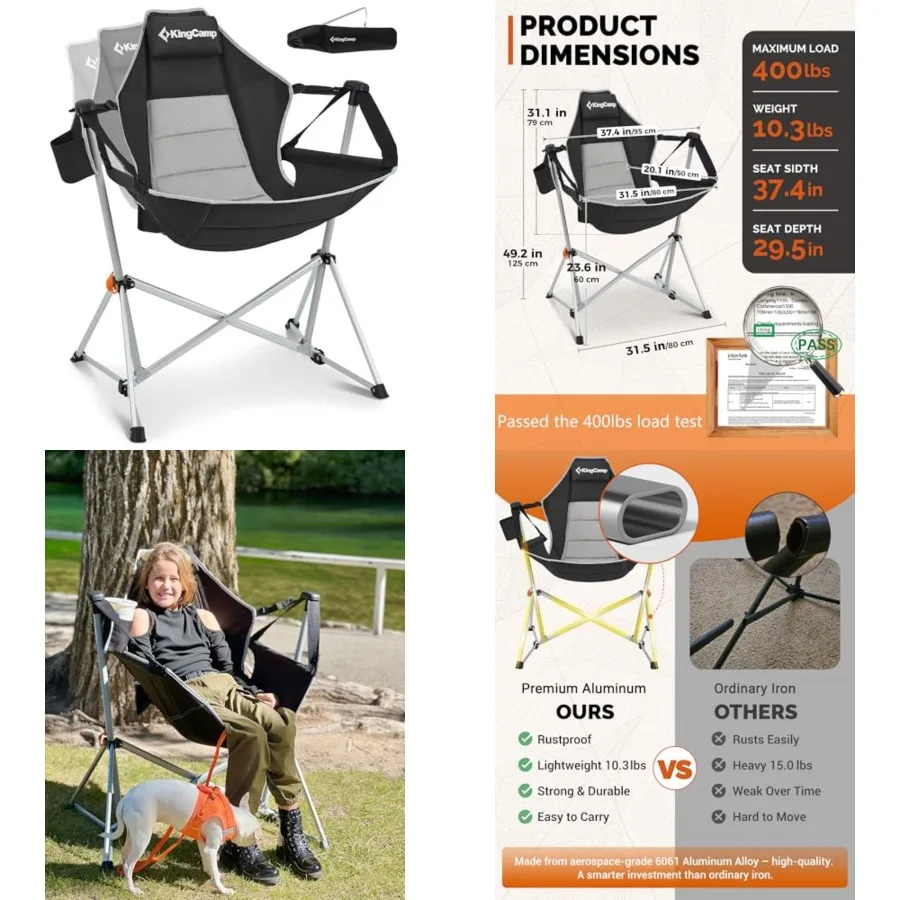 

Hammock Camping Chair, Swinging Portable Camp Chairs for Adults, 400lbs Heavy Duty Oversized Folding Rocking Chair with Adjusta