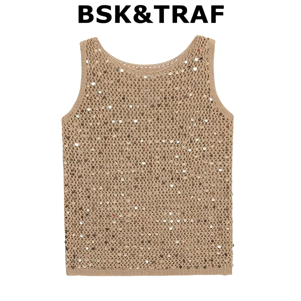 

BSK&TRAF2025 Summer New Products Women's Fashionable and Versatile Sequined Knitted Hollow Round Neck Sleeveless Vest