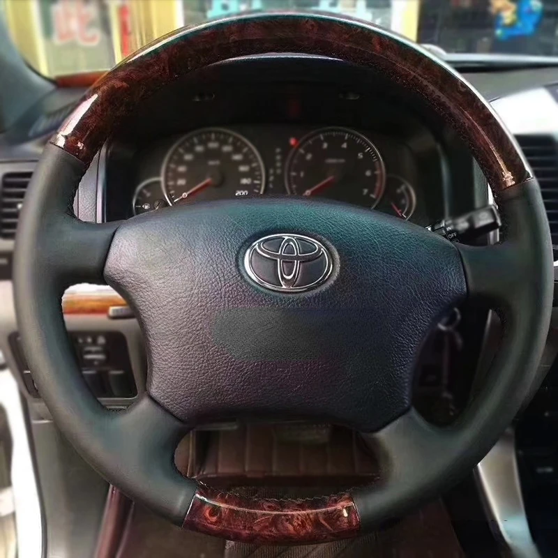 For Toyota old Prado Land cruiser DIY leather peach wood hand sewn steering wheel cover car interior