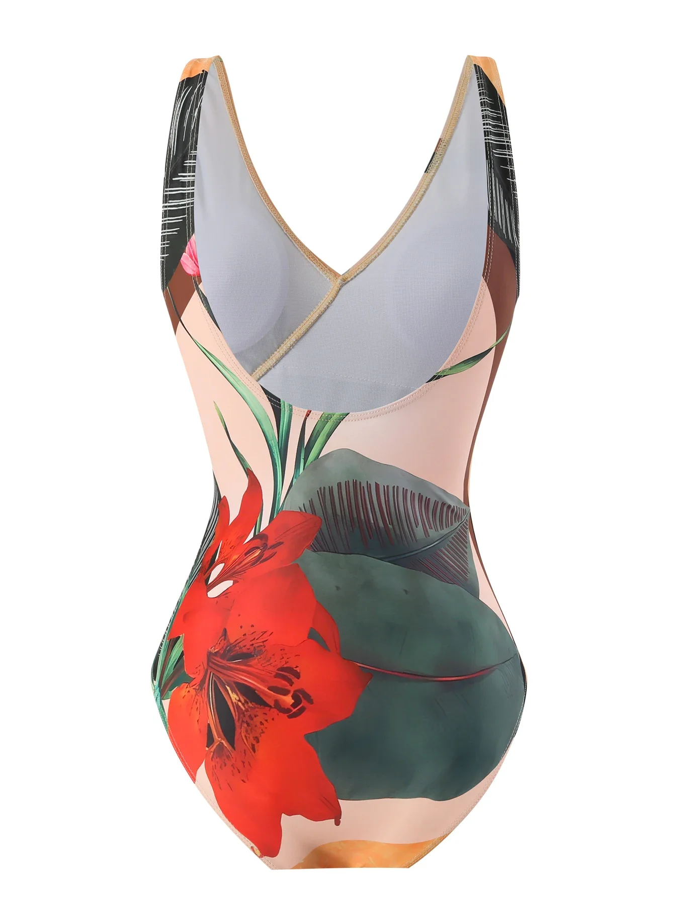Summer retro digital printed lace up women's beach vacation one-piece swimsuit gauze skirt 2-piece set