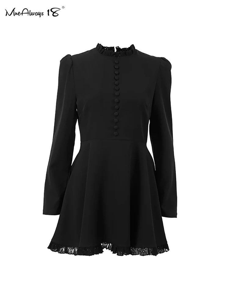 Mnealways18 Black Lace Elegant Button Dress O-Neck Elegant Long Sleeve A-Line Slim Dress Spring 2024 Office Ladies Mini Dresses