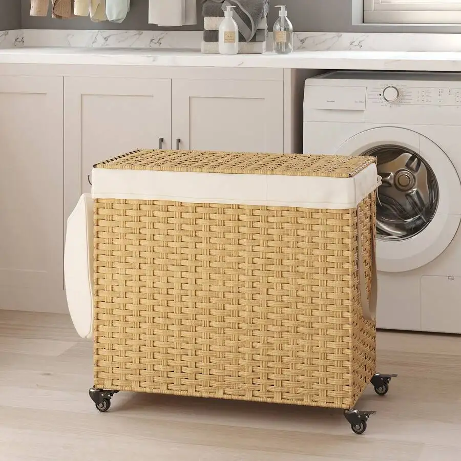 Gallon Rolling Laundry Basket With Lid, 3-Section Synthetic Rattan Laundry Hamper With Removable Liner