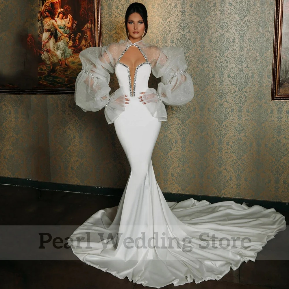 Vintage Long Sleeve Mermaid Wedding Dress with Beading and Diamond Bridal Sexy V-Neck Floor Length Sweep Train Custom Made Gowns