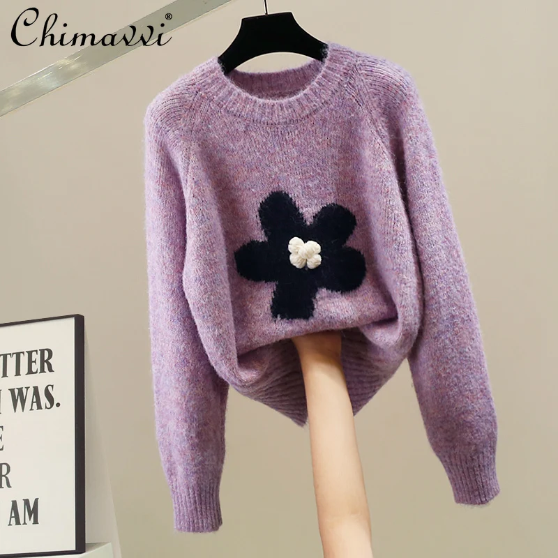 

Korean Fashion Autumn Winter New Heavy Craft 3D Flower Round Neck Sweater Sweet Girl Lady Loose Elegant Pullover Top Women