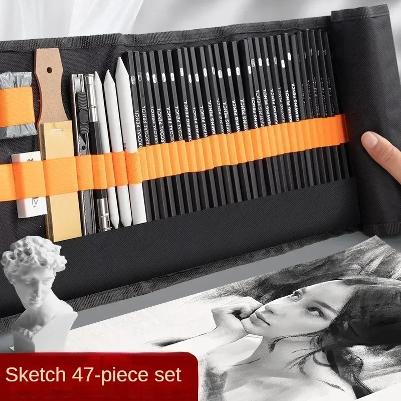 

27/38/47pcs Sketch Pencils Set Roll Up Canvas Wrap Sketching Pencil Bag Drawing Charcoals Kneaded Eraser Stationary Art Supplies