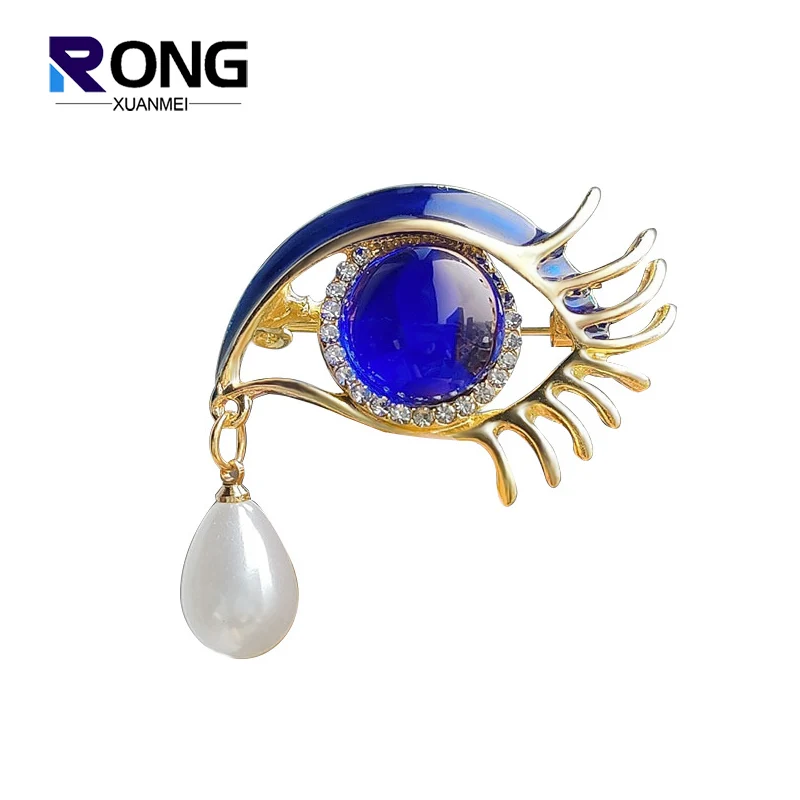 New Cartoon Long Eyelash Blue Eye Teardrop Brooches For Women Baroque Gold Color Pearl Brooch Pin Clothing Accessories Breastpin