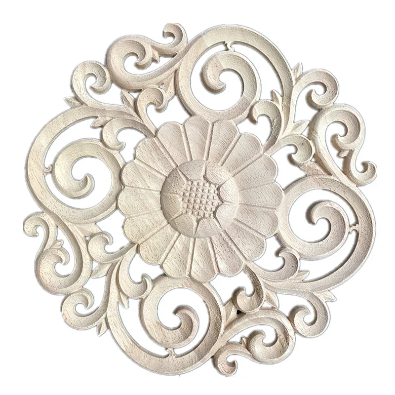 10cm 30cm Carved Flower Carving Round Wood Appliques for Furniture Cabinet Unpainted Wooden Mouldings Decal Decorative Figurine