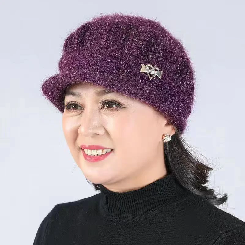 1Pc Winter Visor Hats For Woman Thicker Short Brim Knitted Cap Girls Autumn Metal Embellish Solid Hat Warmer Bonnet Casual Cap