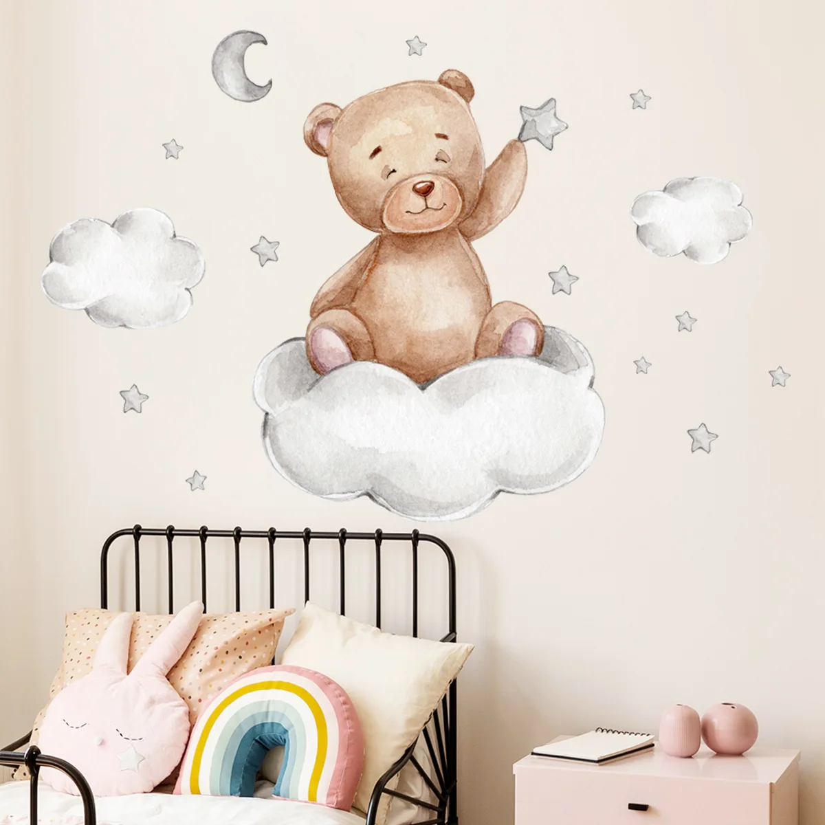 Bear Moon Clouds Stars Wall Stickers Bedroom For Baby Kids Room Background Home Decoration Living Room Wallpaper Nursery Sticker