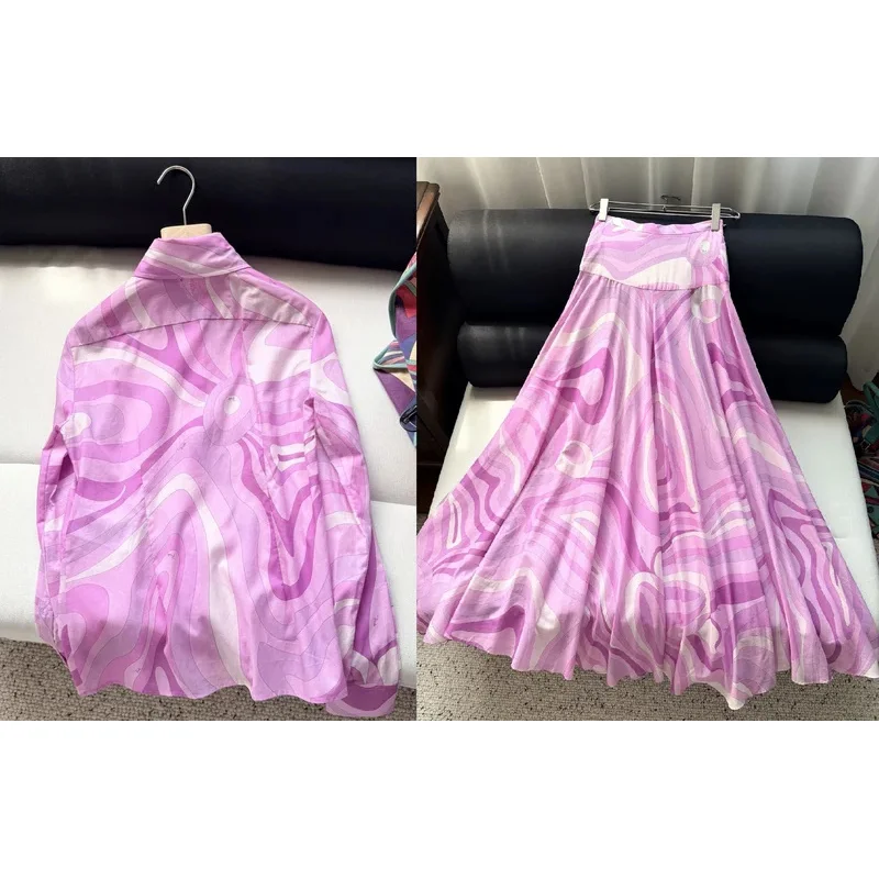 Women Pinkish-Purple Swirling Pattern  PrintHigh-count Cotton  Button Up Shirt + Non Elastic Waist Long Skirt Set
