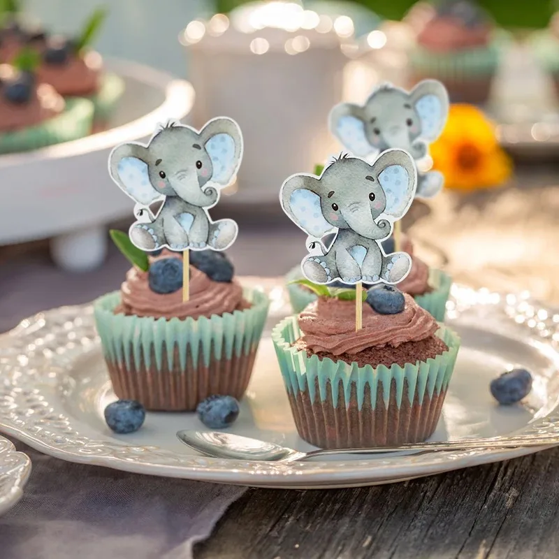 Creative Gender Reveal Printing Blue Pink Elephant Cake Cupcake Decoration Insert Card Baby Birthday Party Theme