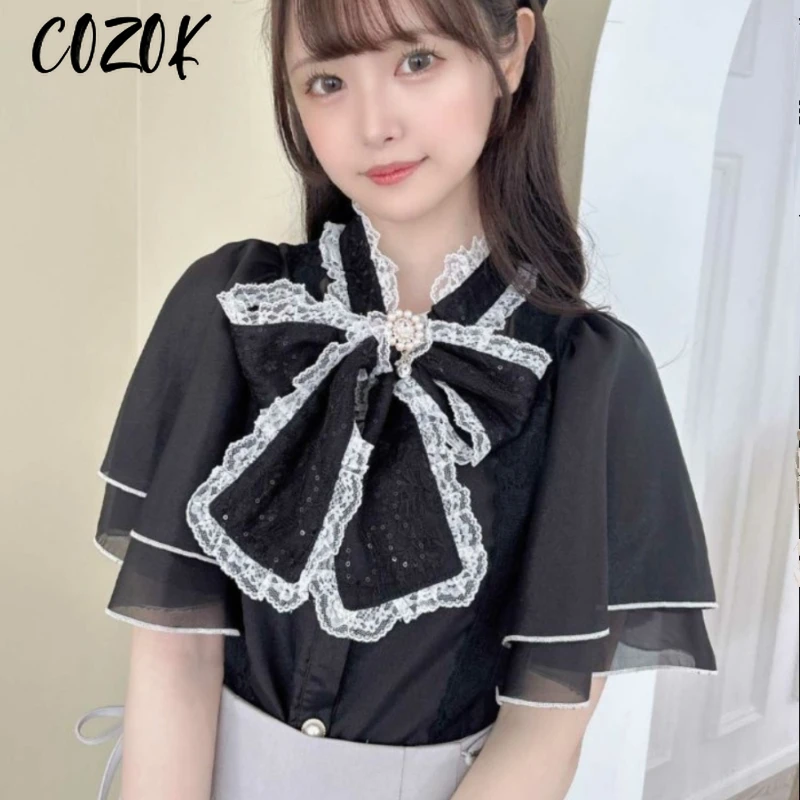 

Japanese Style Rojita Shirts Women New Big Bow Rhinestone Flying Sleeve Commuter Blouse Fashion All-Match Girl Lolita Mine Shirt