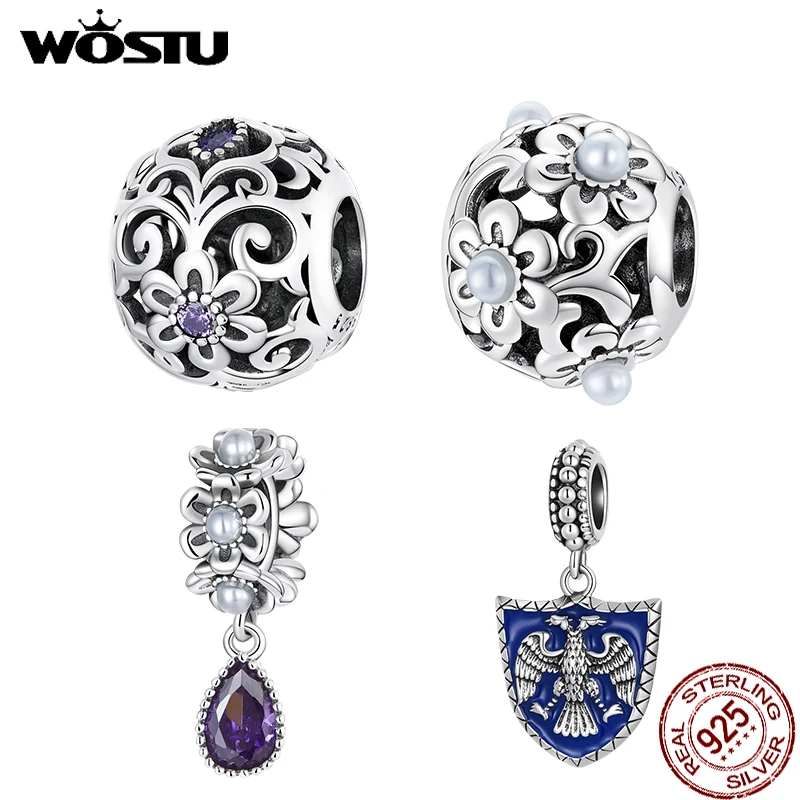 

WOSTU Real 925 Sterling Silver Classic Flower Drop Pattern Charm Bead Pendent Women Fit Original Bracelet Necklace Fine Jewelry