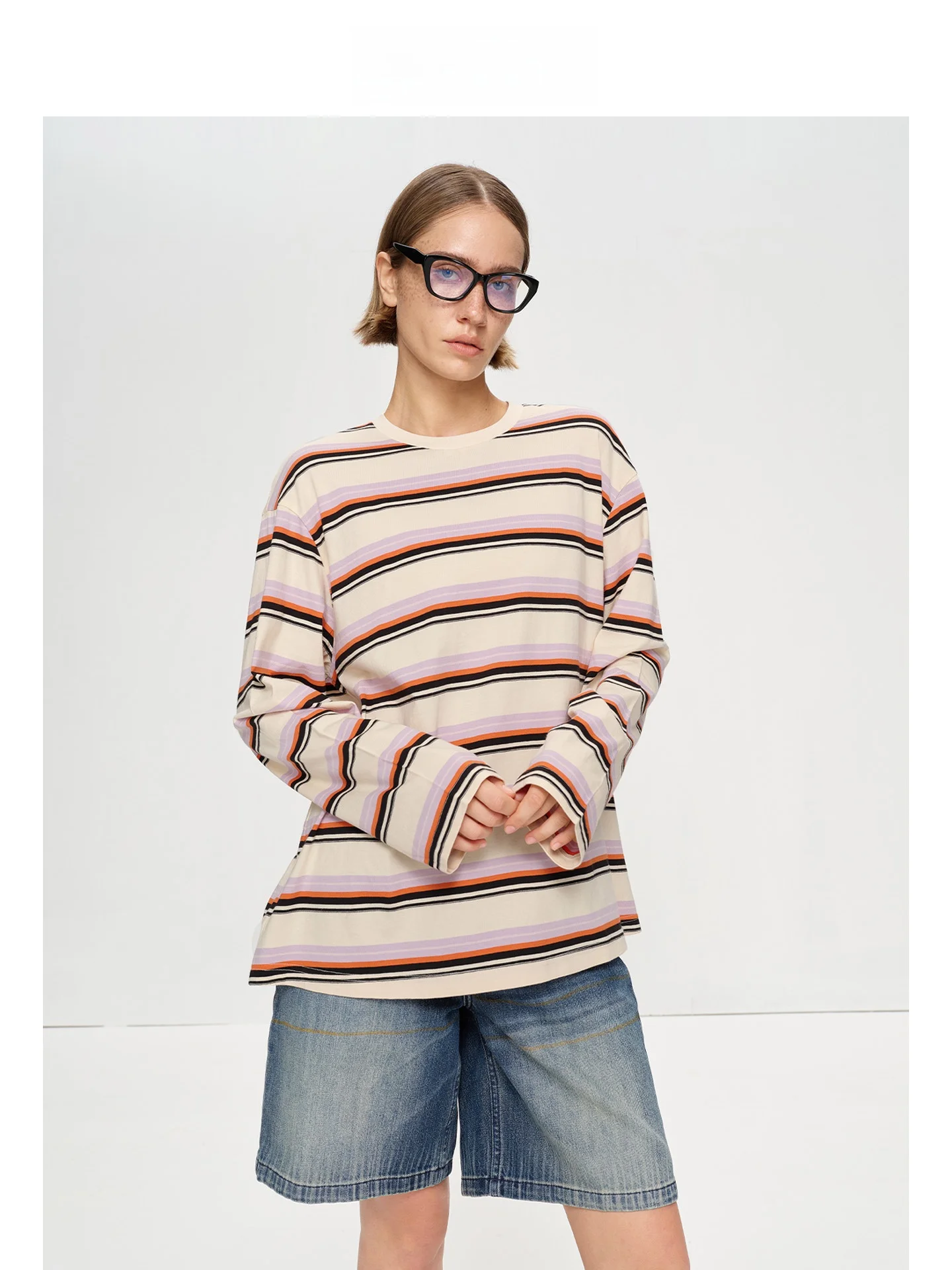 

Футболка Mincollection из чистого хлопка в полоску, женская, свободного кроя, с длинным рукавом, круглым вырезом, повседневная, с контрастным дизайном