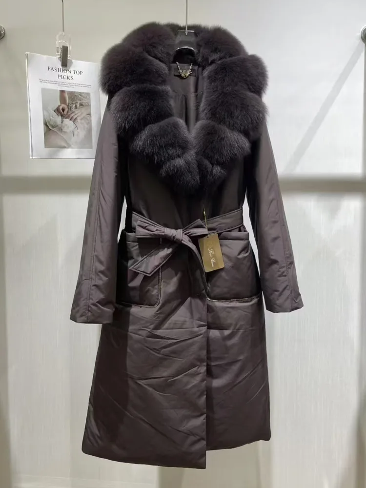 ZMEENNA Women's Elegant Winter Down Coat With Large Faux Fur Collar And Belted Waist Long Puffer Jacket Chic ZM3793