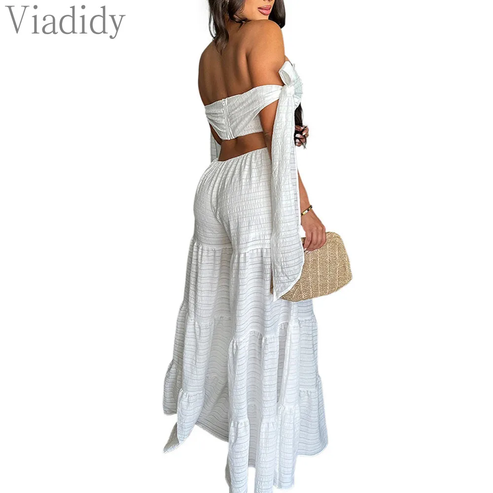 Women Sexy Solid Color Slash Neck Off Shoulder Ruffles Decor Wide Leg Jumpsuits