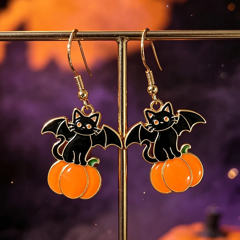 New Halloween Black Cat Bat Pumpkin Metal Earrings Gothic Witch Earrings Women's Thriller Festival Party Dress up Jewelry Gifts