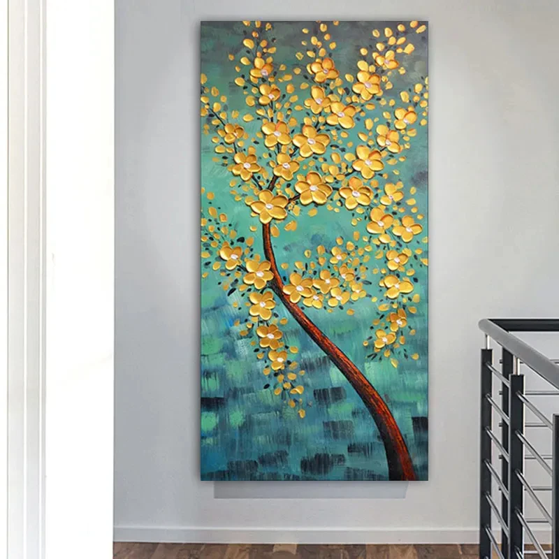 Abstract Money Tree Canvas Painting Golden Yellow Rich Tree Flower Plant Art Posters and Prints Wall Picture for Living Room