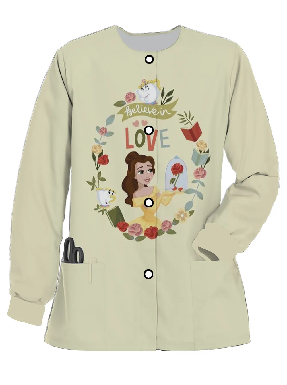 Disney Princess Belle print women's long-sleeved nurse uniform spring and autumn frosted double pocket pet doctor work uniform