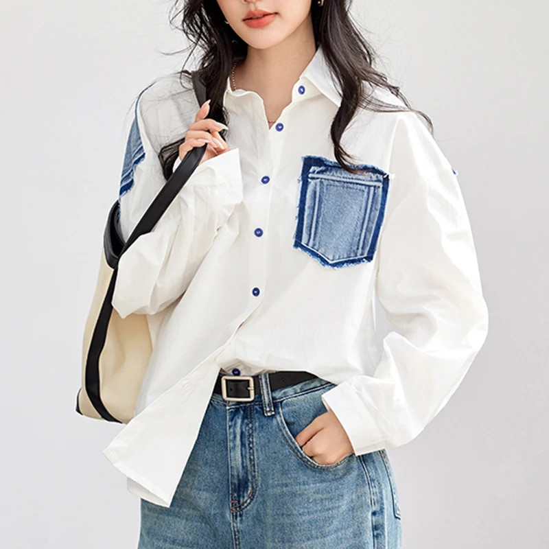 

QOERLIN Women Denim Pathwork White Shirts Loose Casual Turn Down Collar Long Sleeve Buttons Pocket Blouse Elegant Casual Tops