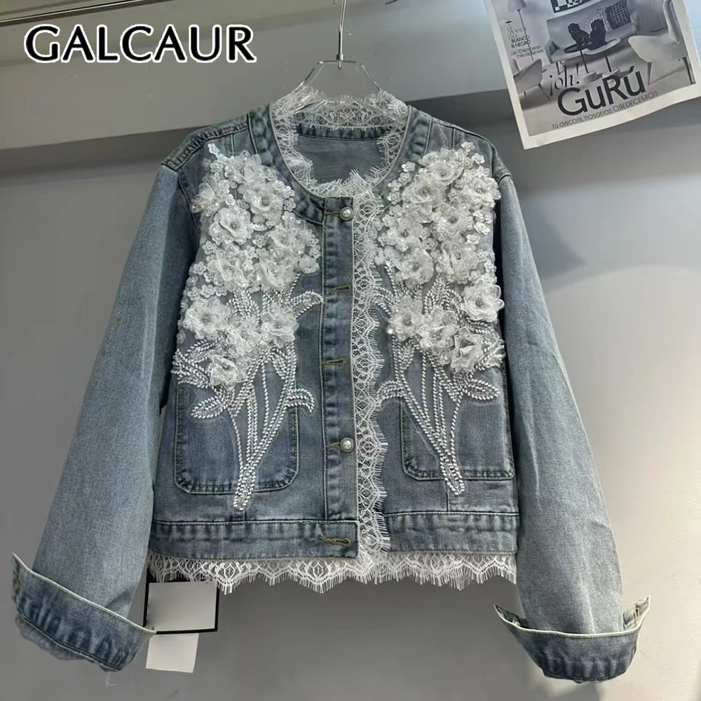 

GALCAUR синяя базовая куртка с бисером, женская свободная уличная одежда с круглым вырезом и длинными рукавами, женские куртки, модный осенний стиль, новинка