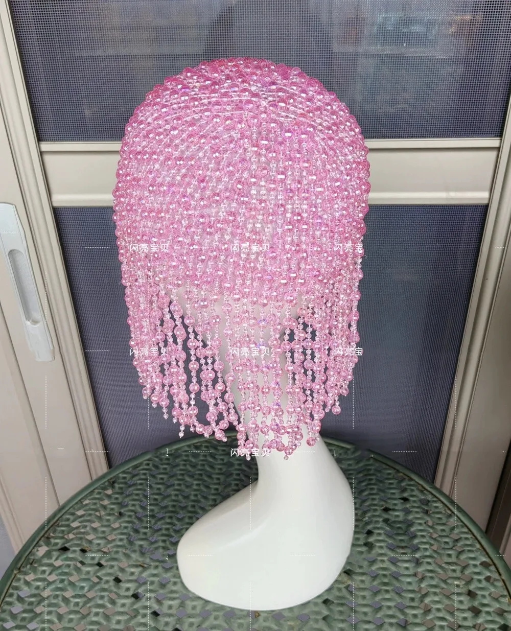 핑크 구슬 가발 헤드 기어 여성 댄서 가수 공연 의상 무대 액세서리 클럽 파티 쇼 축제 레이브 소품