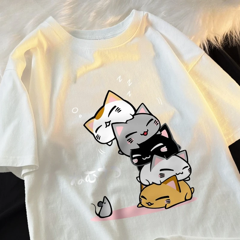 Cute Stacked Sleeping Cats Ignore Mouse Graphic Tee Unisex O-Neck Oversized Loose Short Sleeve Casual Summer Streetwear Tops