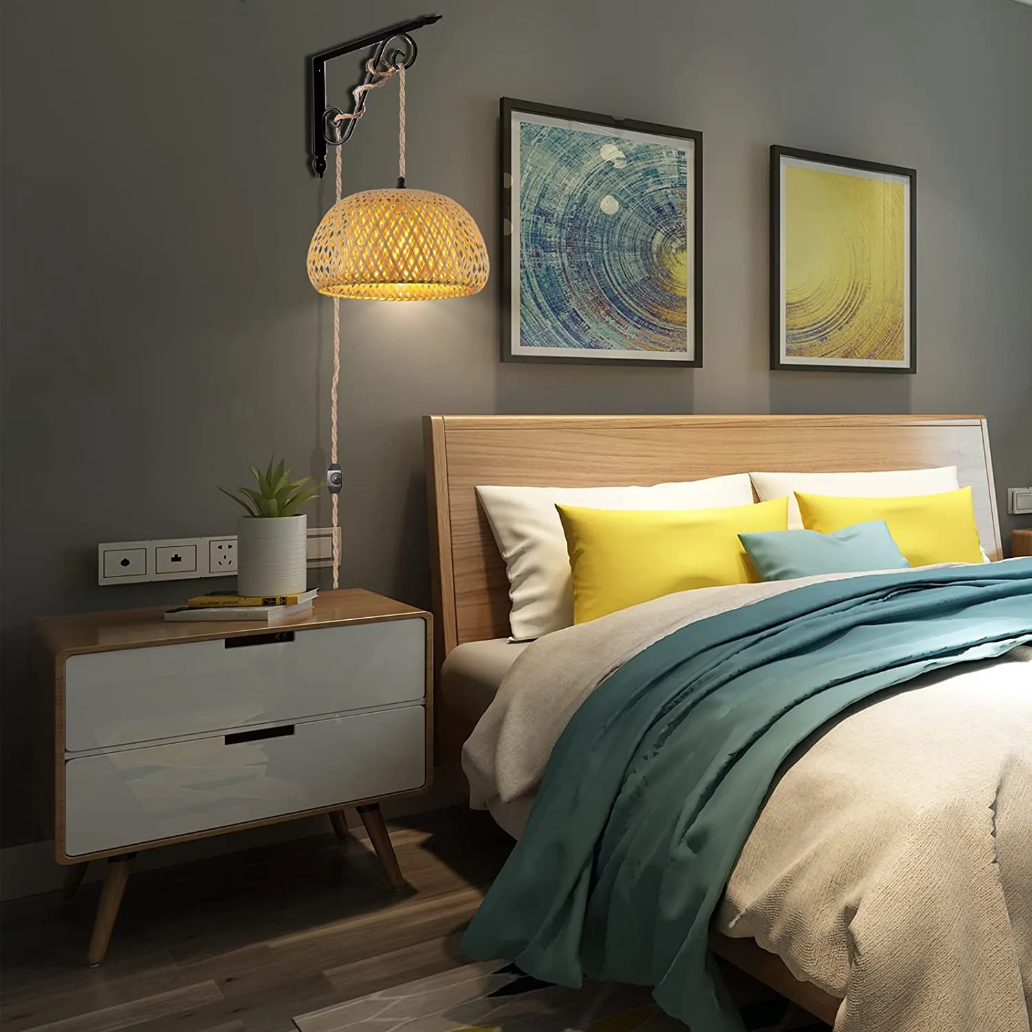 Plug in Pendant Light Hanging Lamp with Switch Rope Cord Bamboo Lampshade Wicker Rattan Hanging Lights US Plug