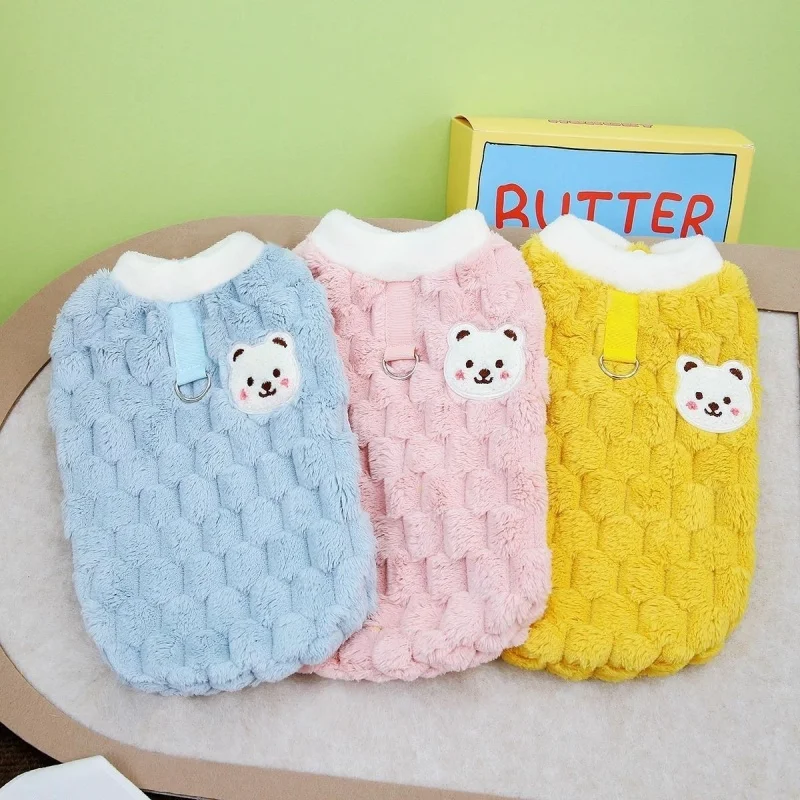 Roupas de inverno para cães e gatos com fivela, suéter de pelúcia com estampa de urso doce para cães pequenos, pomerânia, chihuahua, filhote de cachorro, jaqueta com botão