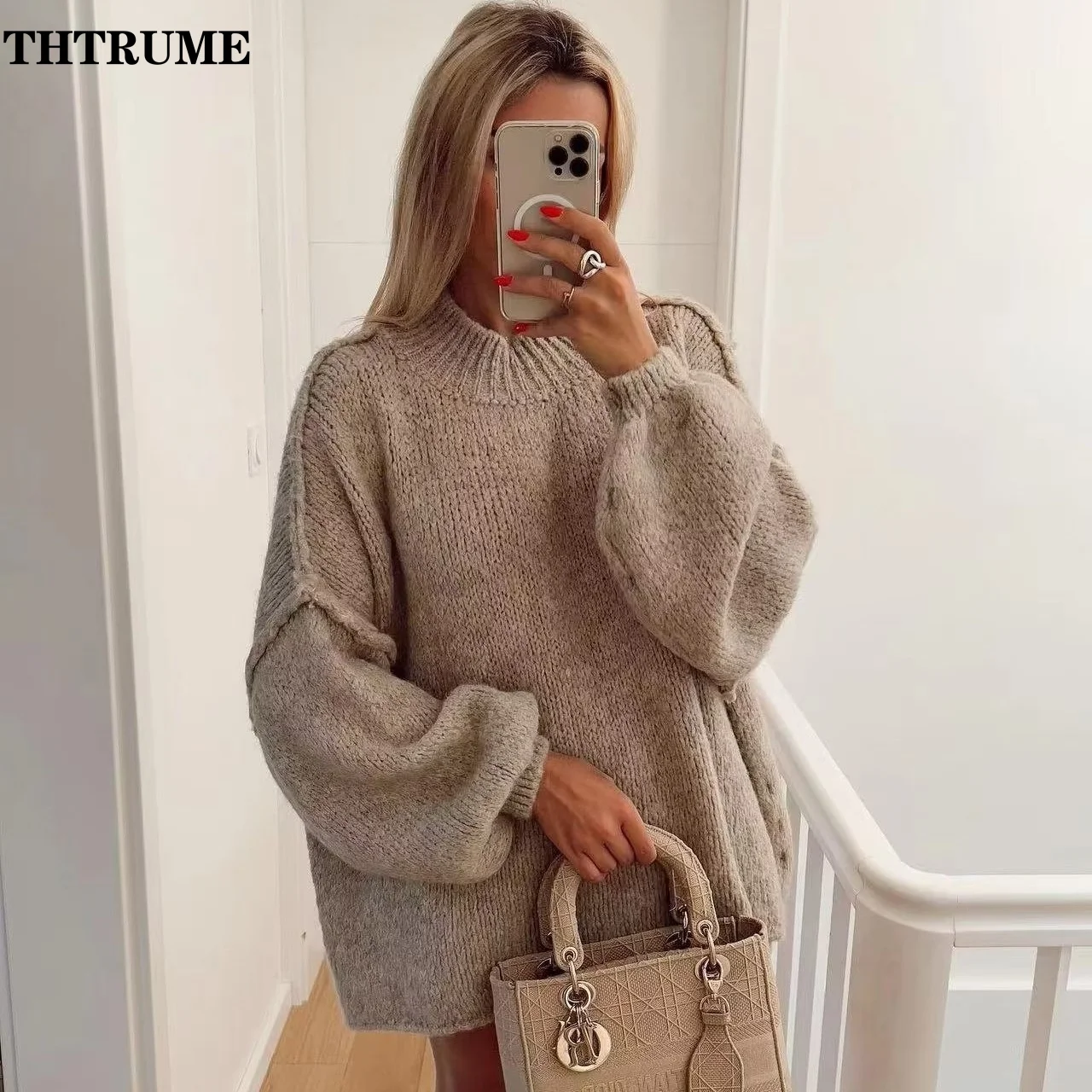 Oversized Solid Chic Sweater For Women Fashion Long Sleeve Round Neck Knit Loose Pullovers Casual Thick Communte 2024 New Jumper