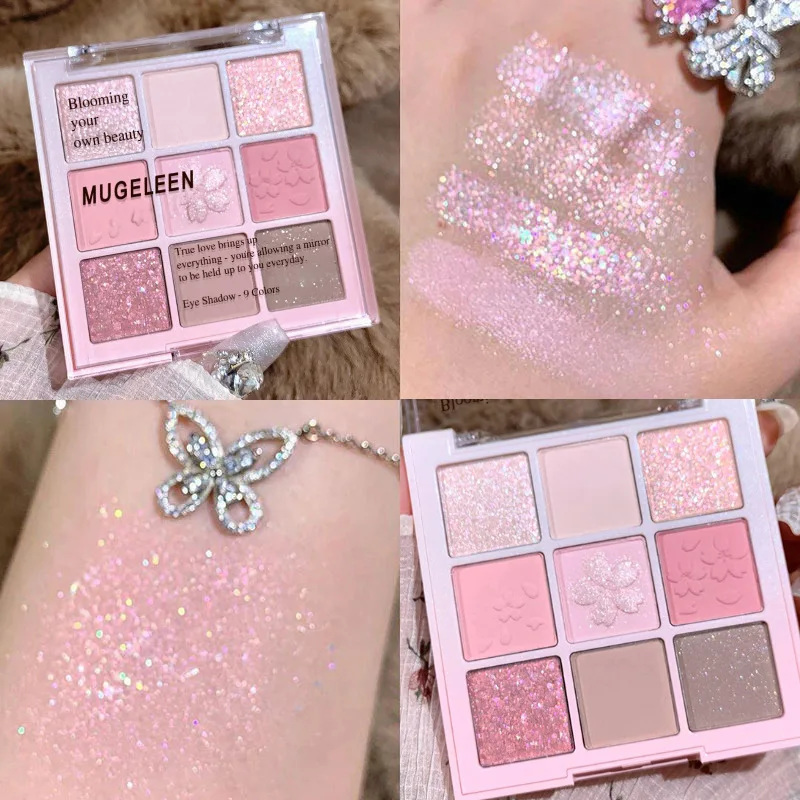 Romantic Sakura 9 Colors Eyeshadow Palette, Viral Makeup, Shimmer & Matte, Affordable Makeup Palette for Students & Beginners