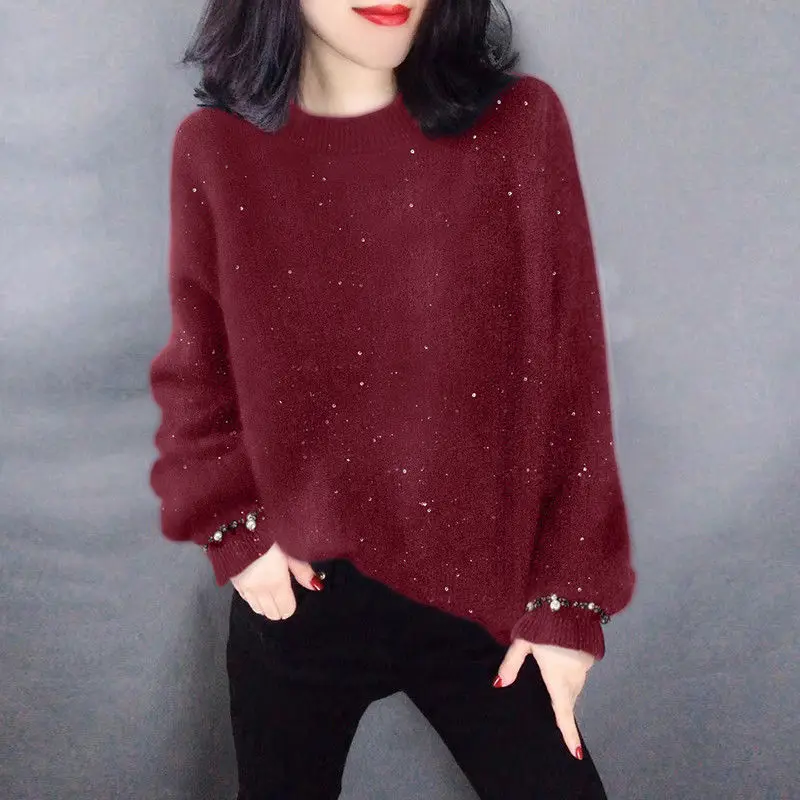 Autumn Winter Sequins Imitation Mink Velvet Sweater Female Loose Casual Oversized Pullover Top Women Simple All-match Jumper