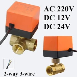 Válvula de bola de rosca eléctrica de latón, solenoide de agua de 2 vías y 3 cables con actuador DN15/20/25/32/220, CA 40/50 V, cc 12V, 24V