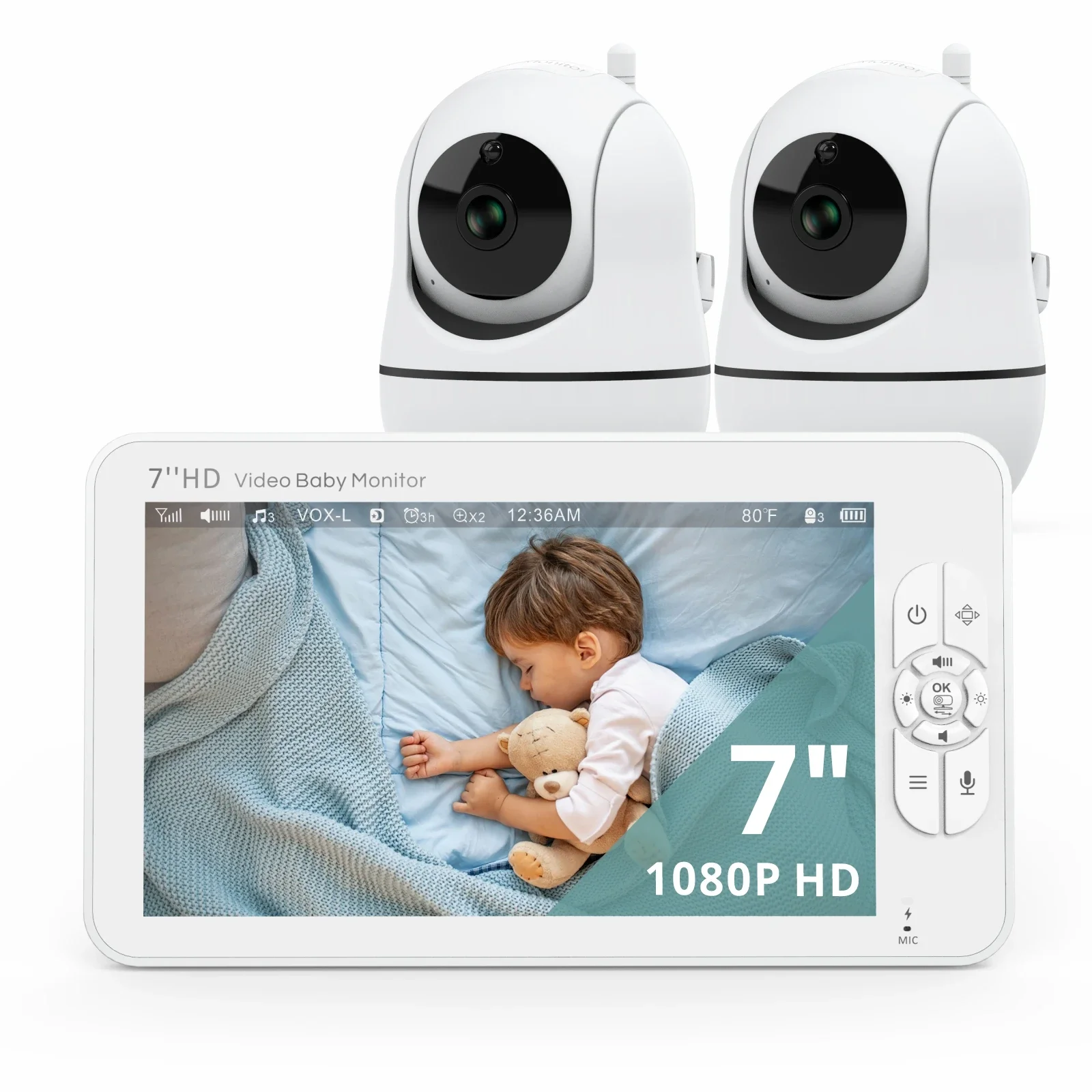 Babystar Monitor bayi 7 ", layar Split HD Video tanpa WiFi, Monitor kamera bayi, tahan peretasan, Zoom jarak jauh/Pan/Tilt, baterai 4000mAh