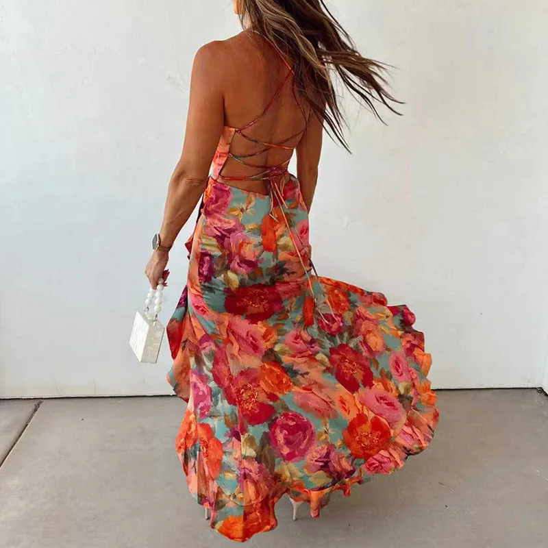 Casual Sleeveless Backless Tie Up Dress Summer New Low Cut Pleated Evening Dress Fashion Hot Girl Irregular Floral Printed Dress