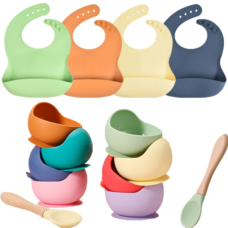 1/2/3 PCS Baby Soft Silicone Sucker Bowl Plate Cup Bibs Spoon Fork Sets Non-slip Tableware Children's Feeding Dishes BPA Free