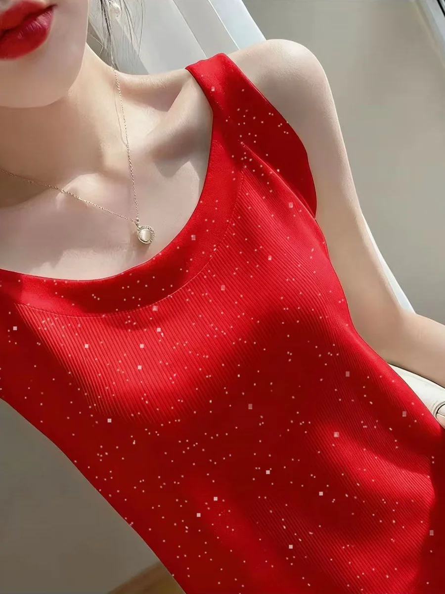 

Ice Silk Threaded Stylish Summer New Commute Sleeveless Slim Fit Top Small Strap Vest Thickened No Sleeve Women's Fashion