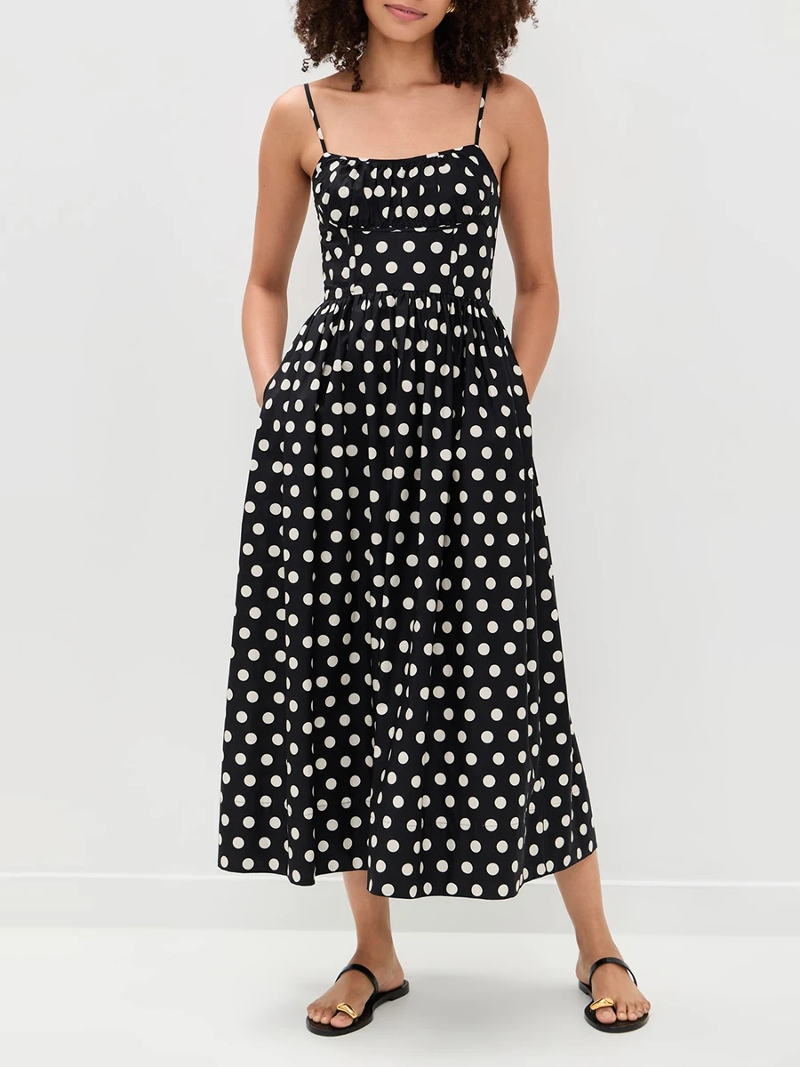 TWOTWINSTYLE Colorblock Slimming Spliced Zipper Dress for Women Square Neck Sleeveless Patchwork Polka Dot Midi Dresses Female