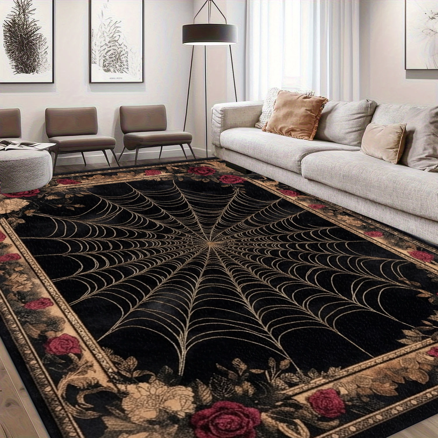 Vintage Gothic Spider Web Rose Area Rug Retro Dark Non‑Slip Floor Carpet for Bedroom Living Room Home Decoration