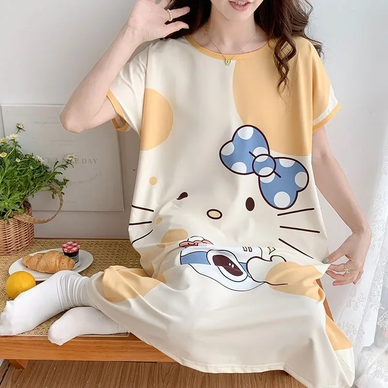 サンリオパジャマ女性の夏の新しいライトイエローハローキティパジャマドレス薄い緩いカジュアルな大きいサイズの学生部屋着