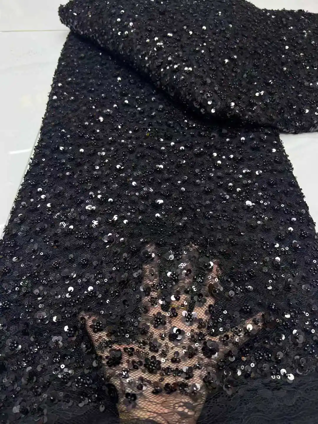 

New Black Sequins African Beaded Mesh Lace Fabric 2025 High Quality Nigerian French Groom Lace Fabric For Party Dress Women Sew