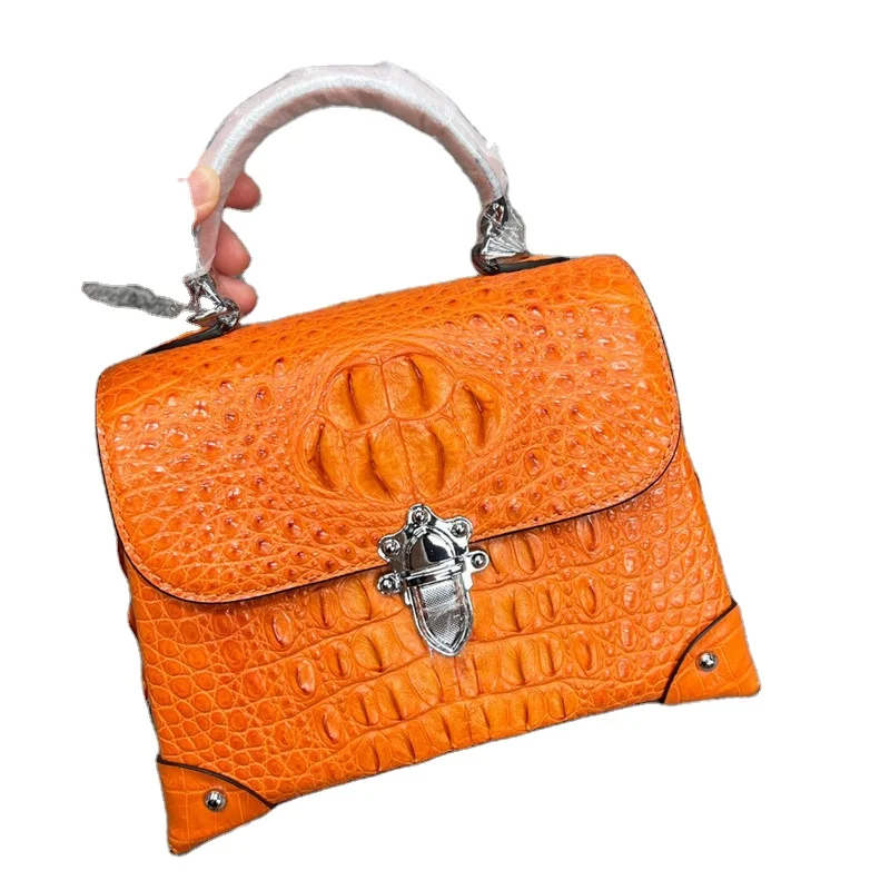 Fashion Designer Genuine Crocodile Leather Women's Small Orange Purse Authentic Alligator Lady Female Purple Studs Handbag